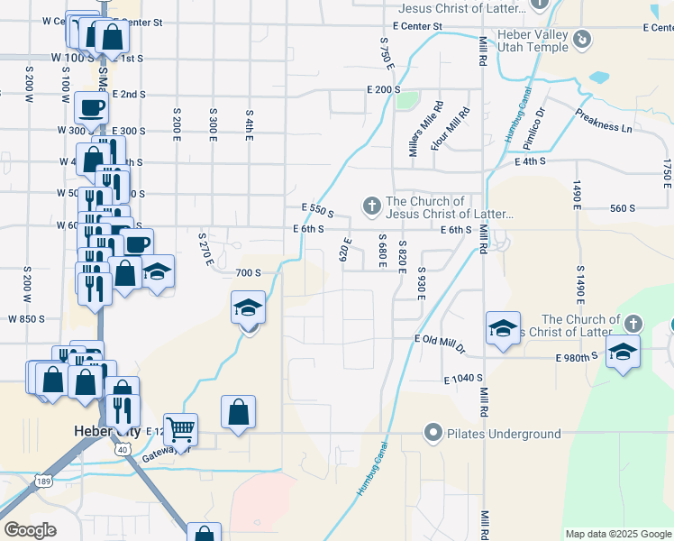 map of restaurants, bars, coffee shops, grocery stores, and more near 676 South 620 East in Heber City