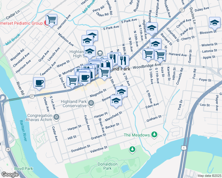map of restaurants, bars, coffee shops, grocery stores, and more near 430 Magnolia Street in Highland Park