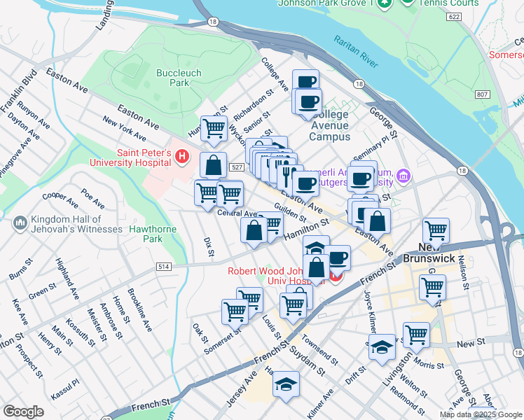 map of restaurants, bars, coffee shops, grocery stores, and more near 1 Delafield Street in New Brunswick