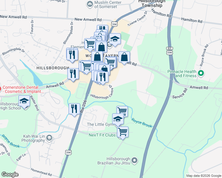 map of restaurants, bars, coffee shops, grocery stores, and more near 649 U.S. 206 in Hillsborough Township