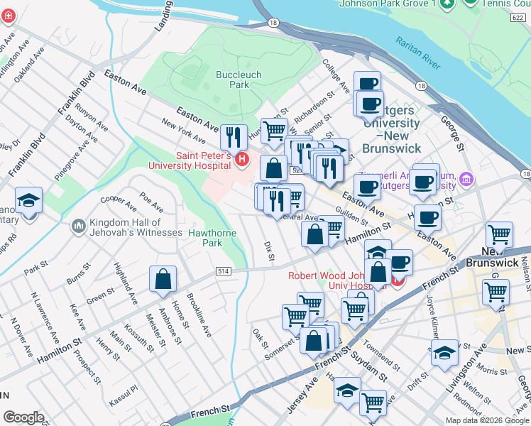 map of restaurants, bars, coffee shops, grocery stores, and more near 96 Central Avenue in New Brunswick