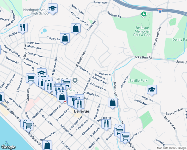 map of restaurants, bars, coffee shops, grocery stores, and more near 13 East Forest Avenue in Pittsburgh