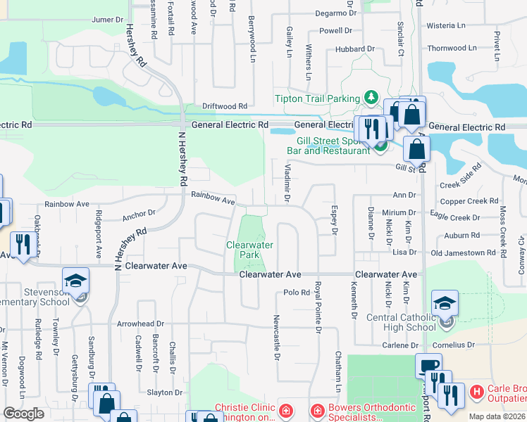 map of restaurants, bars, coffee shops, grocery stores, and more near 2801 Rainbow Avenue in Bloomington