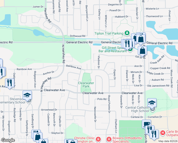 map of restaurants, bars, coffee shops, grocery stores, and more near 2801 Rainbow Avenue in Bloomington