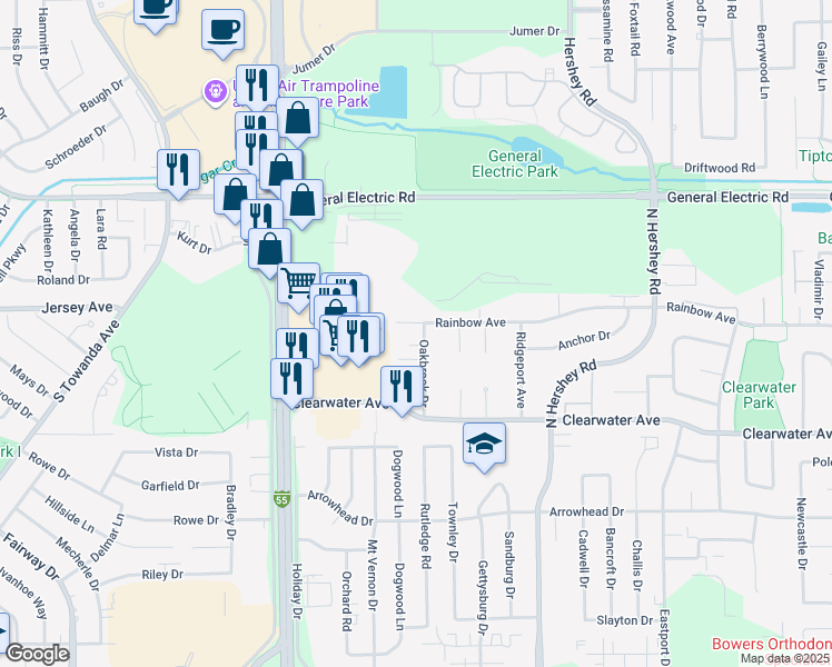 map of restaurants, bars, coffee shops, grocery stores, and more near 3 Rainbow Circle in Bloomington