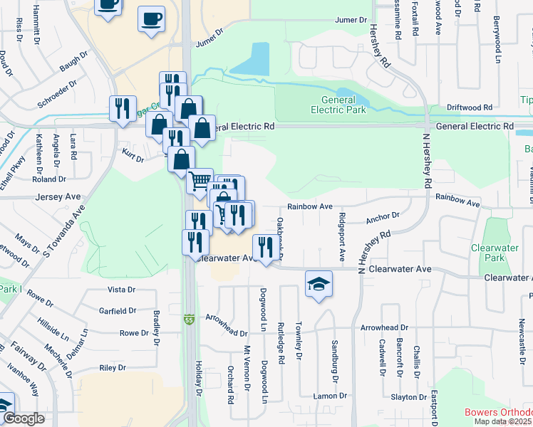 map of restaurants, bars, coffee shops, grocery stores, and more near 3 Rainbow Circle in Bloomington