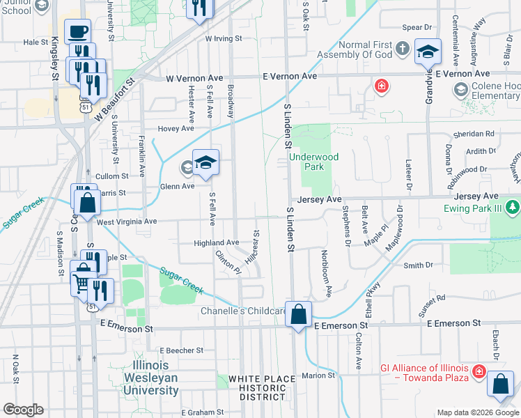 map of restaurants, bars, coffee shops, grocery stores, and more near 106 West Virginia Avenue in Normal