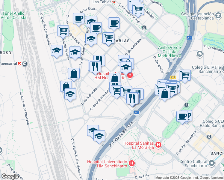 map of restaurants, bars, coffee shops, grocery stores, and more near 21 Calle Quintanavides in Madrid