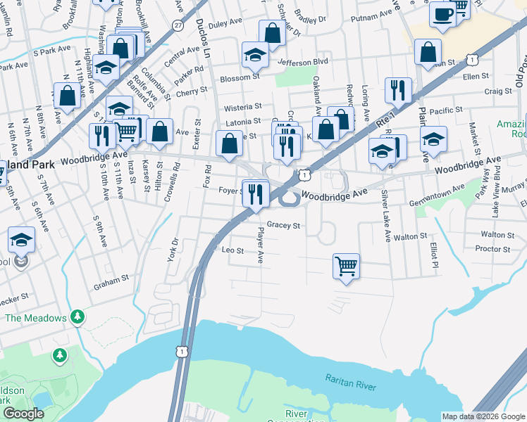 map of restaurants, bars, coffee shops, grocery stores, and more near 49 Player Avenue in Edison