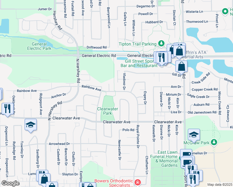 map of restaurants, bars, coffee shops, grocery stores, and more near 2801 Rainbow Avenue in Bloomington