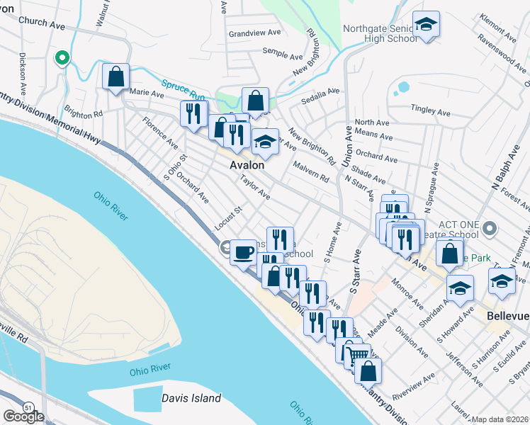 map of restaurants, bars, coffee shops, grocery stores, and more near 811 Florence Avenue in Pittsburgh