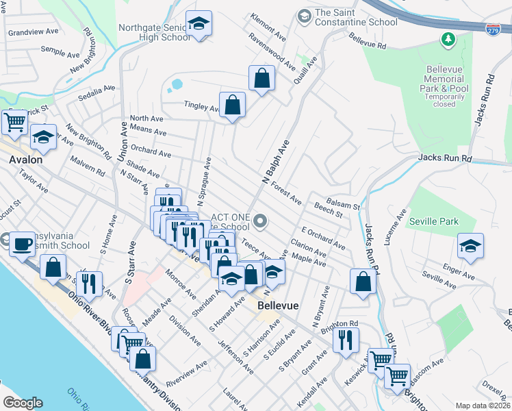 map of restaurants, bars, coffee shops, grocery stores, and more near 103 North Balph Avenue in Pittsburgh