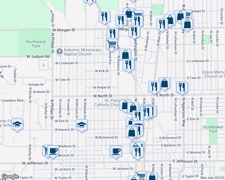 map of restaurants, bars, coffee shops, grocery stores, and more near 1309 North Courtland Avenue in Kokomo