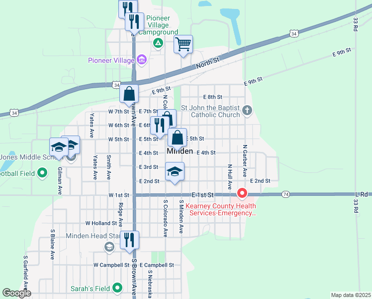 map of restaurants, bars, coffee shops, grocery stores, and more near 410 North Minden Avenue in Minden