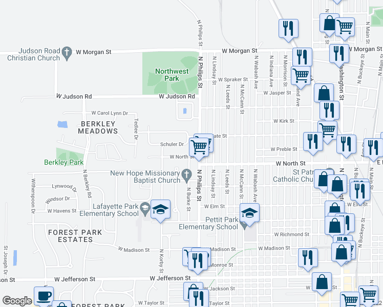map of restaurants, bars, coffee shops, grocery stores, and more near 1316 West North Street in Kokomo