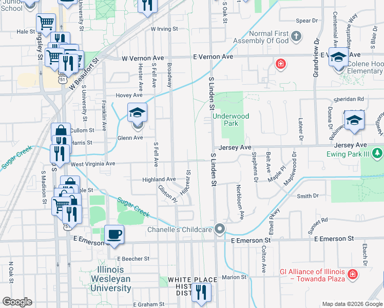 map of restaurants, bars, coffee shops, grocery stores, and more near 106 West Virginia Avenue in Normal