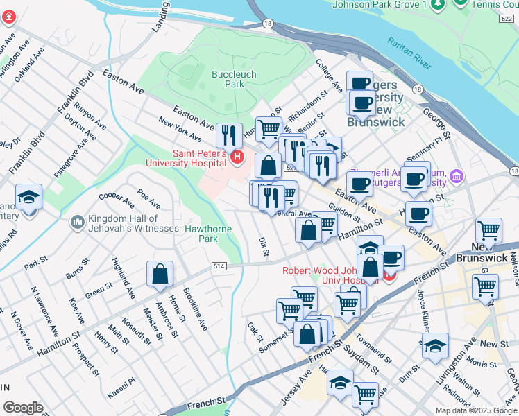 map of restaurants, bars, coffee shops, grocery stores, and more near 44 Courtlandt Street in New Brunswick