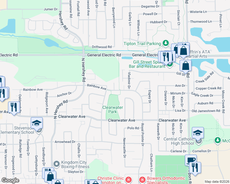map of restaurants, bars, coffee shops, grocery stores, and more near 1427 Mill Creek Road in Bloomington