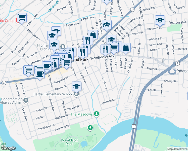 map of restaurants, bars, coffee shops, grocery stores, and more near 221 South 8th Avenue in Highland Park