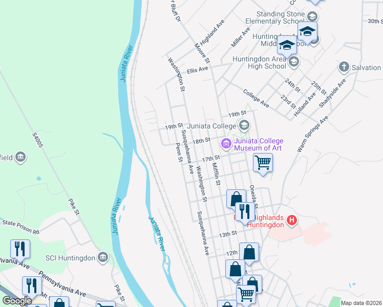 map of restaurants, bars, coffee shops, grocery stores, and more near 1719 Penn St in Huntingdon