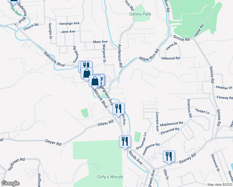 map of restaurants, bars, coffee shops, grocery stores, and more near 1540 Evergreen Road in Pittsburgh