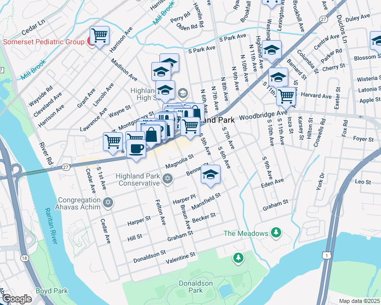 map of restaurants, bars, coffee shops, grocery stores, and more near 38 South 4th Avenue in Highland Park