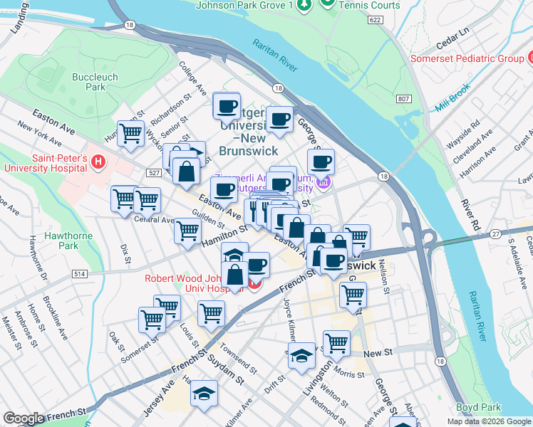 map of restaurants, bars, coffee shops, grocery stores, and more near in New Brunswick