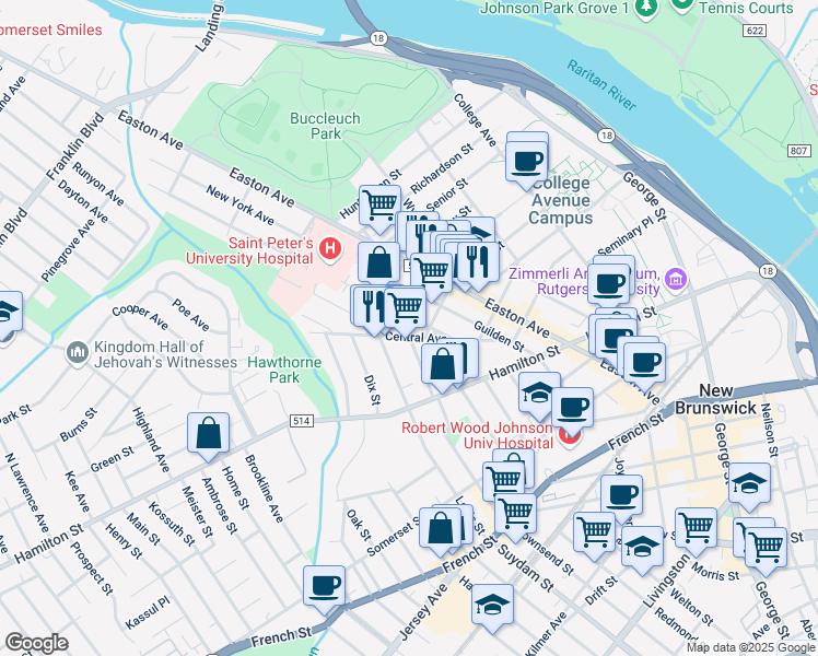 map of restaurants, bars, coffee shops, grocery stores, and more near 84 Central Avenue in New Brunswick