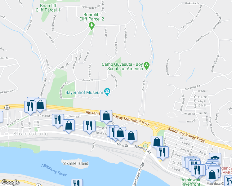 map of restaurants, bars, coffee shops, grocery stores, and more near 225 Saint Charles Place in Pittsburgh