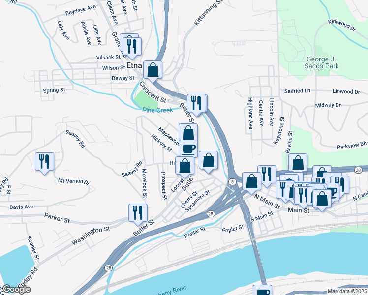 map of restaurants, bars, coffee shops, grocery stores, and more near 419 Butler Street in Pittsburgh
