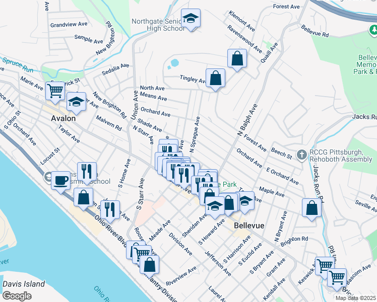 map of restaurants, bars, coffee shops, grocery stores, and more near 574 Teece Avenue in Pittsburgh