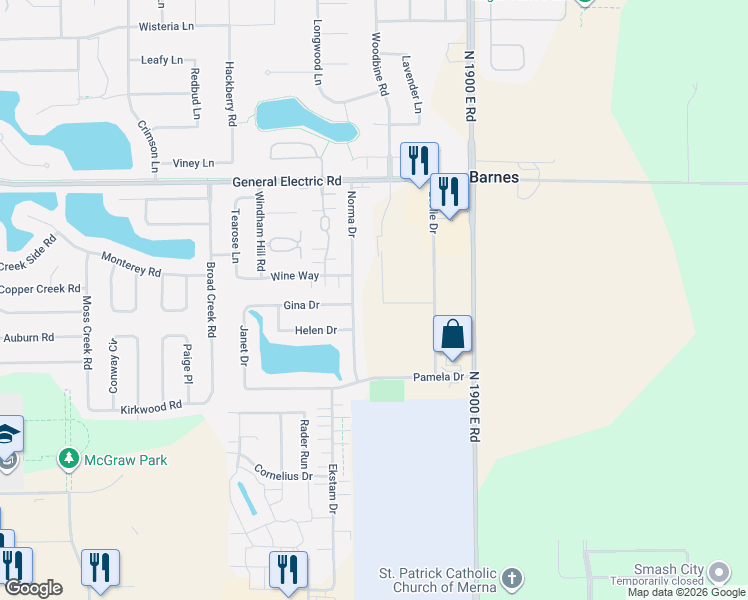 map of restaurants, bars, coffee shops, grocery stores, and more near 1305 Norma Drive in Bloomington