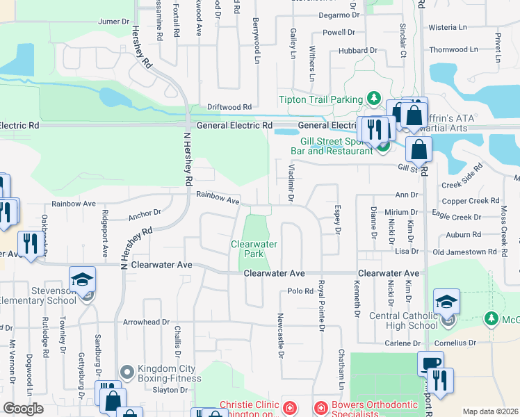 map of restaurants, bars, coffee shops, grocery stores, and more near 1427 Mill Creek Road in Bloomington