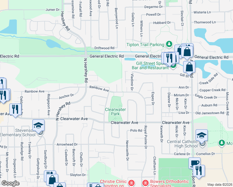 map of restaurants, bars, coffee shops, grocery stores, and more near 1427 Mill Creek Road in Bloomington