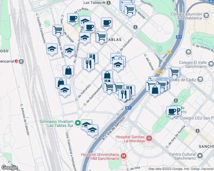 map of restaurants, bars, coffee shops, grocery stores, and more near 17 Calle Quintanavides in Madrid