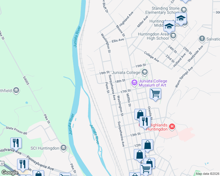 map of restaurants, bars, coffee shops, grocery stores, and more near 1719 Penn Street in Huntingdon