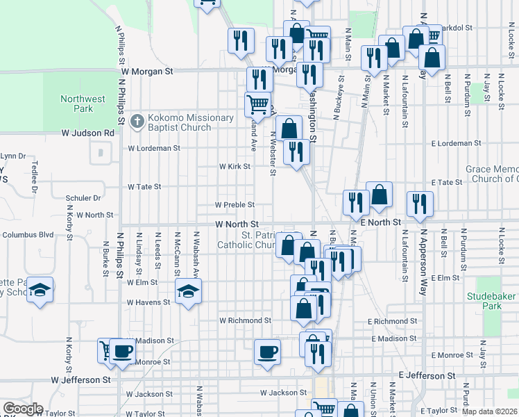 map of restaurants, bars, coffee shops, grocery stores, and more near 1309 North Courtland Avenue in Kokomo