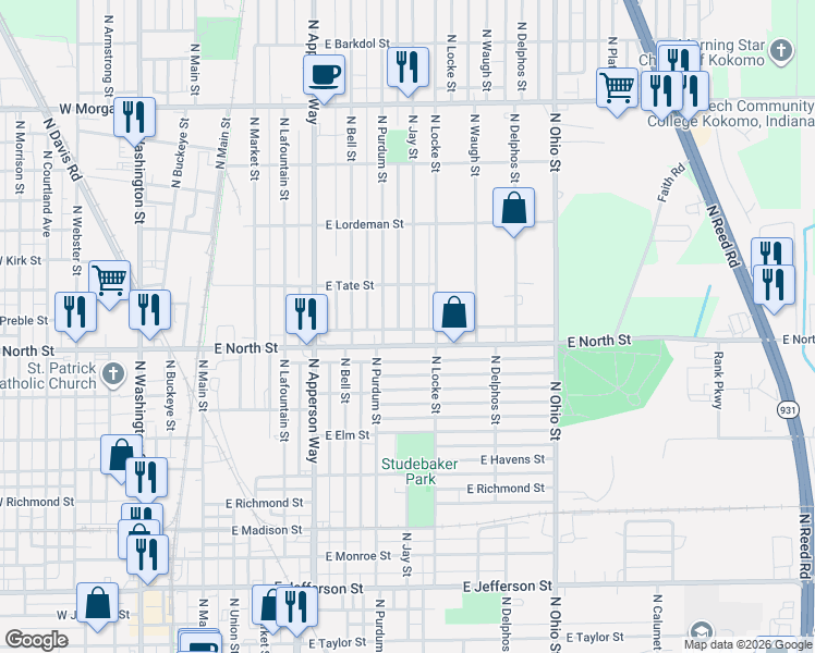 map of restaurants, bars, coffee shops, grocery stores, and more near 806 East North Street in Kokomo