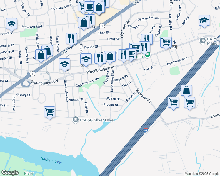 map of restaurants, bars, coffee shops, grocery stores, and more near 67 Lake View Boulevard in Edison