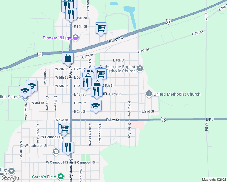 map of restaurants, bars, coffee shops, grocery stores, and more near 514 East 4th Street in Minden
