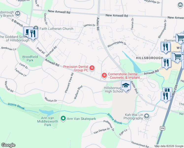 map of restaurants, bars, coffee shops, grocery stores, and more near 491 Amwell Road in Hillsborough Township