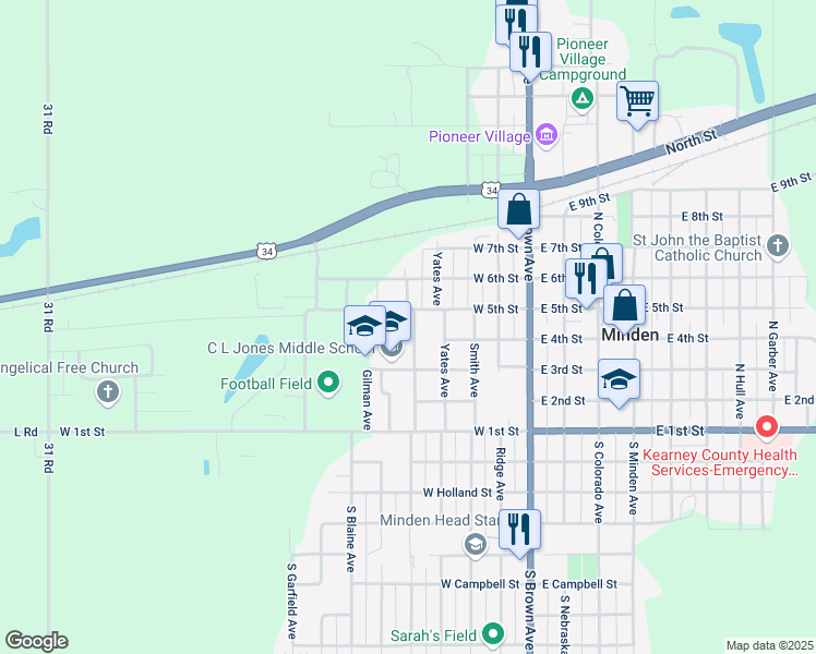 map of restaurants, bars, coffee shops, grocery stores, and more near 427 Park Avenue in Minden