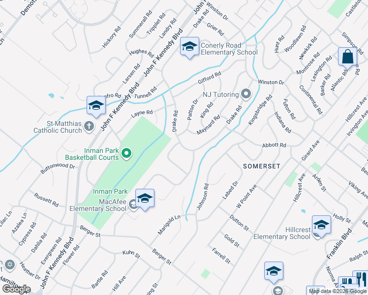 map of restaurants, bars, coffee shops, grocery stores, and more near 2 MacAfee Road in Franklin Township