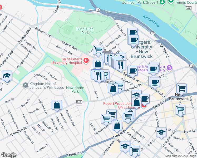 map of restaurants, bars, coffee shops, grocery stores, and more near 44 Courtlandt Street in New Brunswick