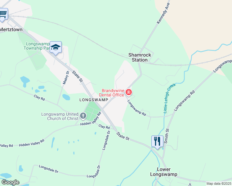 map of restaurants, bars, coffee shops, grocery stores, and more near 9715 Longswamp Road in Mertztown