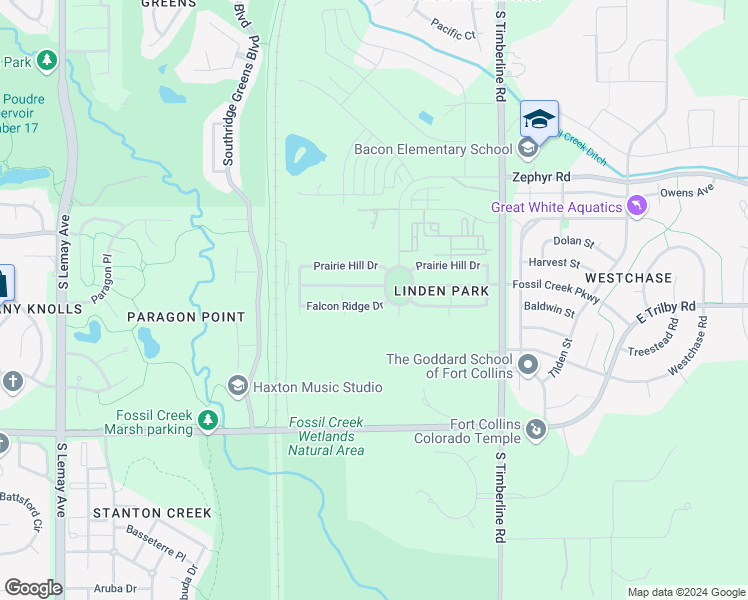 map of restaurants, bars, coffee shops, grocery stores, and more near 1814 Falcon Ridge Drive in Fort Collins