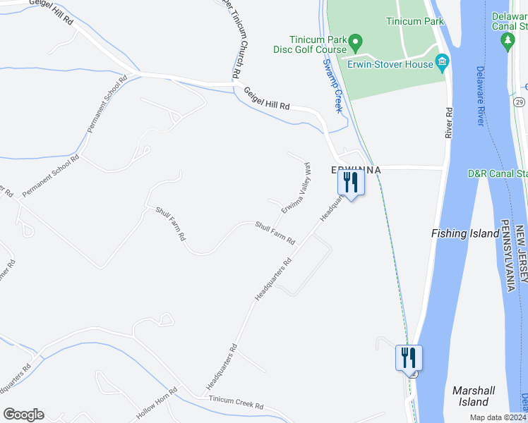 map of restaurants, bars, coffee shops, grocery stores, and more near 1 Erwinna Valley Way in Erwinna