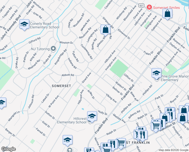 map of restaurants, bars, coffee shops, grocery stores, and more near 208 Irvington Avenue in Franklin Township