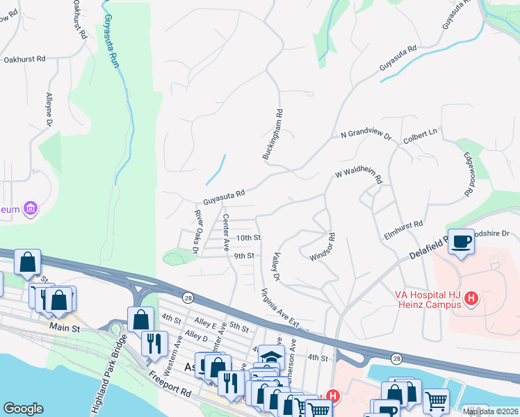 map of restaurants, bars, coffee shops, grocery stores, and more near 219 11th Street in Aspinwall