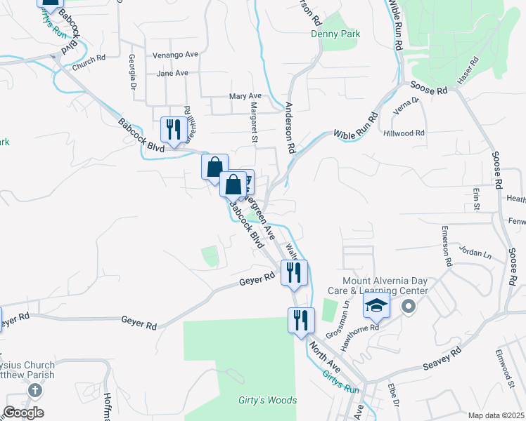 map of restaurants, bars, coffee shops, grocery stores, and more near 1597 Babcock Boulevard in Pittsburgh